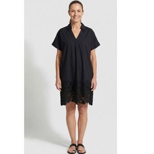New PEARL By Lela Rose Black Cotton Poplin Lace Detail Tunic Dress XL Classic